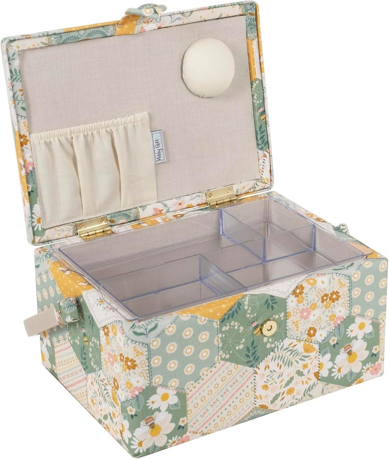 Hobby Gift Medium Sewing Craft & Hobby Storage Box, Accessories Tray Pin Cushion Pockets, 10 x 7.3 x 5.7" - Patchwork Bees - Image 5
